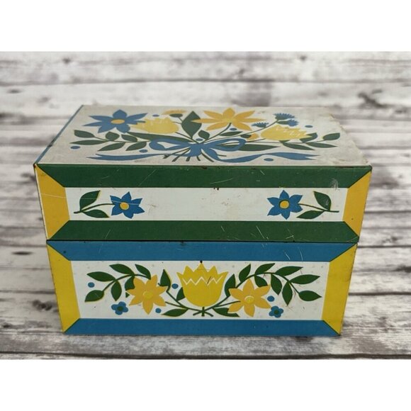 Vntge Retro Syndicate MFG Co Metal Tin Recipe Box Yellow & Blue Flowers-12 - Picture 3 of 10